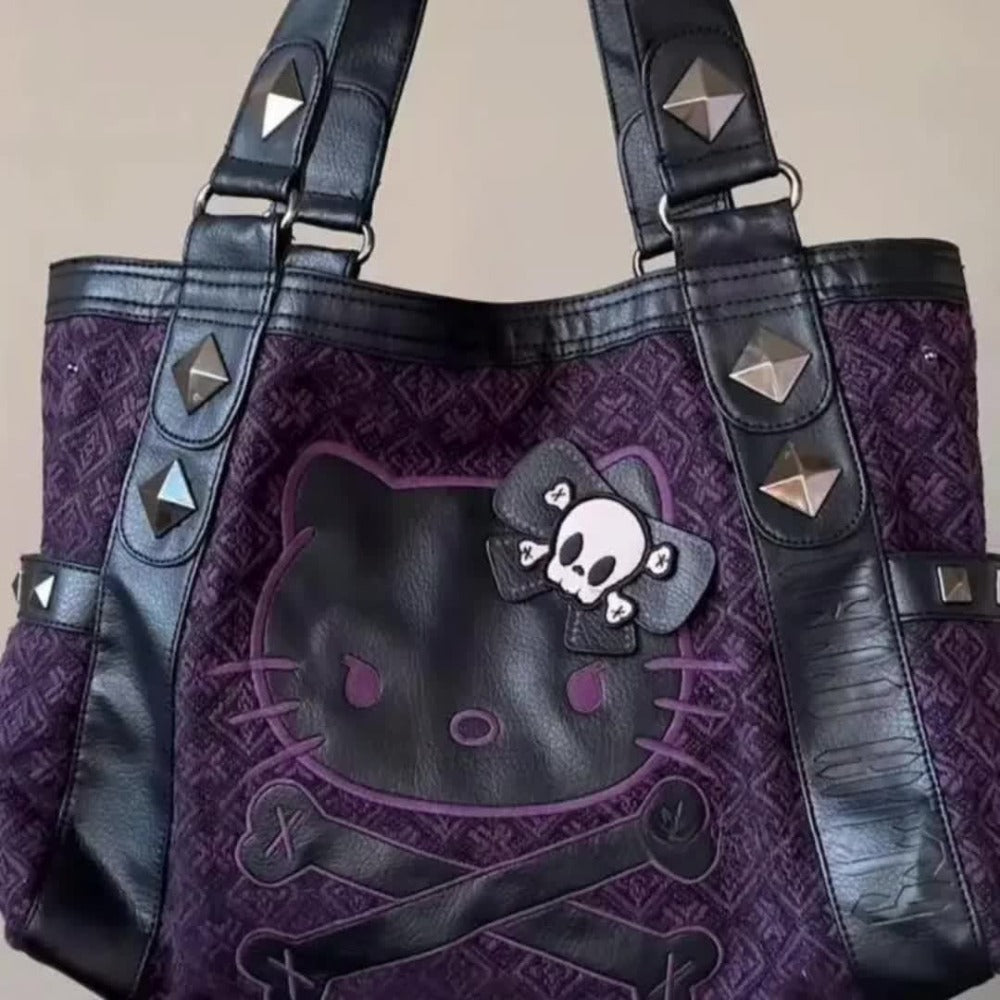Genuine Hello Kitty Vintage Purple Tote Bag Featuring Black Accents - Y2K Gothic Aesthetic, Sturdy Nylon, Zipper Fastening, Multi-Functional Underarm Tote, Daily Use Tote Bag | Gothic Design Bag | Metal Earring Details, Retro Tote Bag