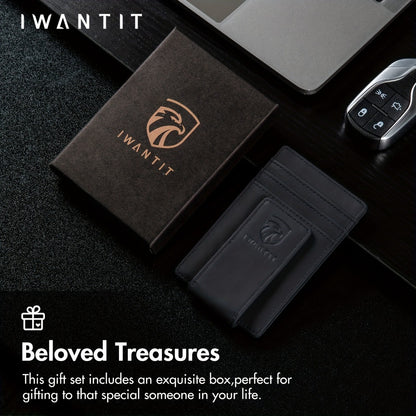 [Genuine Leather Card Holder] Ultra-Thin RFID Anti-Theft Credit Card Holder, Genuine Leather Front Pocket Wallet, With Id Card Window, Ultra-Thin Minimalist Men's Card Holder