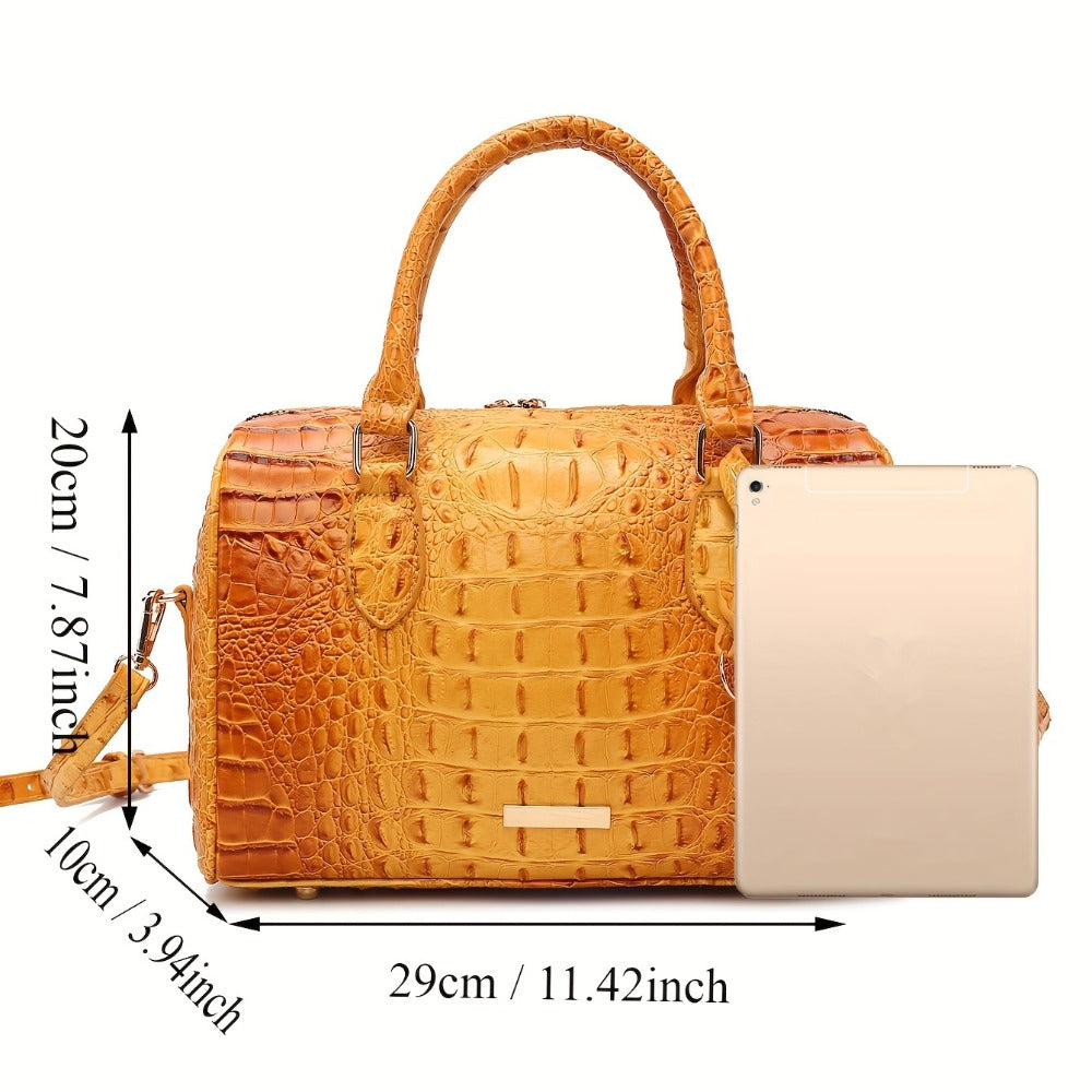 Gradient Crocodile Embossed Boston Bag for Women, Vintage Glossy Synthetic Leather Barrel Handbag with Detachable Crossbody Strap, Luxury Top Handle Shoulder Purse, Large Capacity Daily Commute Handbags