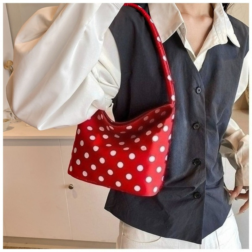 Chic Snap Closure Shoulder Handbag - Versatile Polka Dot Purse for Women, Dress Up Or Down for Casual/ Formal Outfits, Trendy Nylon Handbag