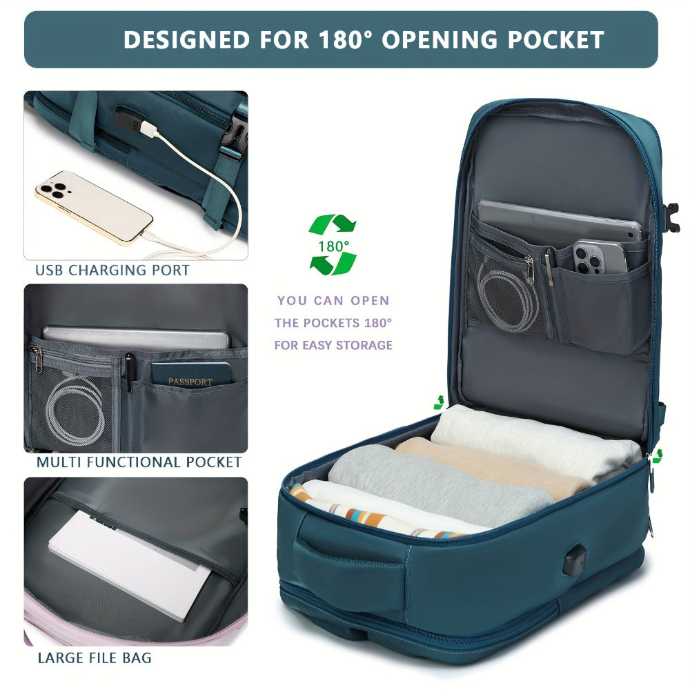 Men'S & Women'S Nylon Travel Backpack with Shoe Compartment, Laptop Sleeve, Wet/Dry Separation Pocket, USB Charging Port, and Multiple Compartments - Stylish Teal Casual Daypack for Travel & Commute, Backpack for Travel