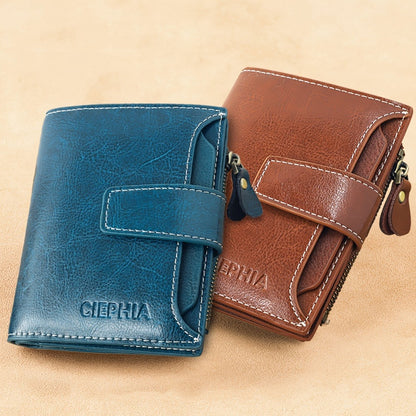 Solid Color Genuine Leather Compact Trifold Wallet With Rfid Blocking, Detachable Id Window & Multi-Card Slots
