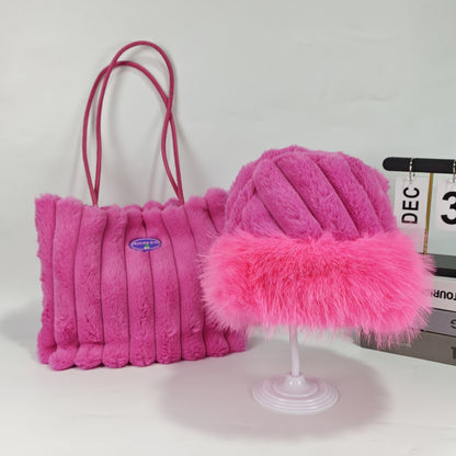 2pcs Women'S Fleece-Lined Shoulder Bag And Bucket Hat Set, Warm And Thickened, Versatile for Autumn And Winter Daily Wear