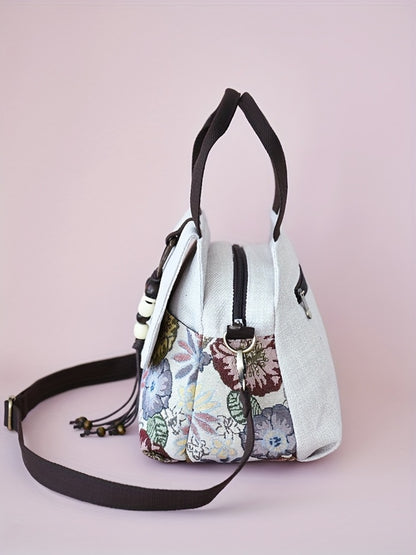 Bohemian Floral Crossbody, Multi-Compartment Handbag with Beaded Accents, Zipper Closure And, Casual Vacation Everyday Purse, Travel Accessory, Ethnic Pattern, Stylish Accents, Women'S Accessory, Stylish Shoppers