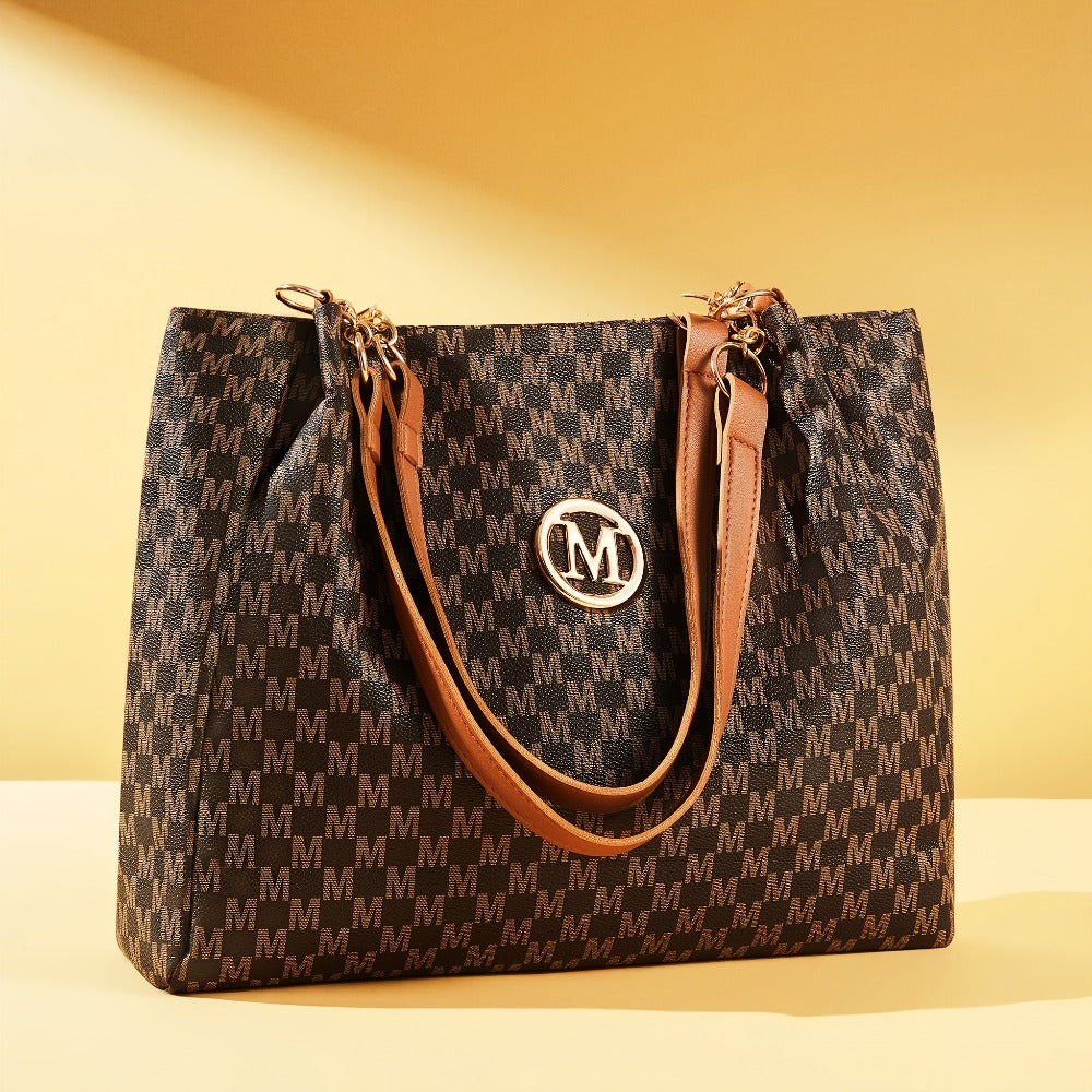 Women's PU Large Capacity Vintage Tote & Crossbody Bag with M Print Character & Hardware - Retro Shoulder Handbag Suitable for Travel,,, Machine Washable, Zipper Closure, //