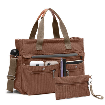 Corduroy Tote Bag Set (2PCS) for Women, Laptop Work Bags Crossbody Shoulder Hobo Messenger Handbag Purse Travel Gym Totes