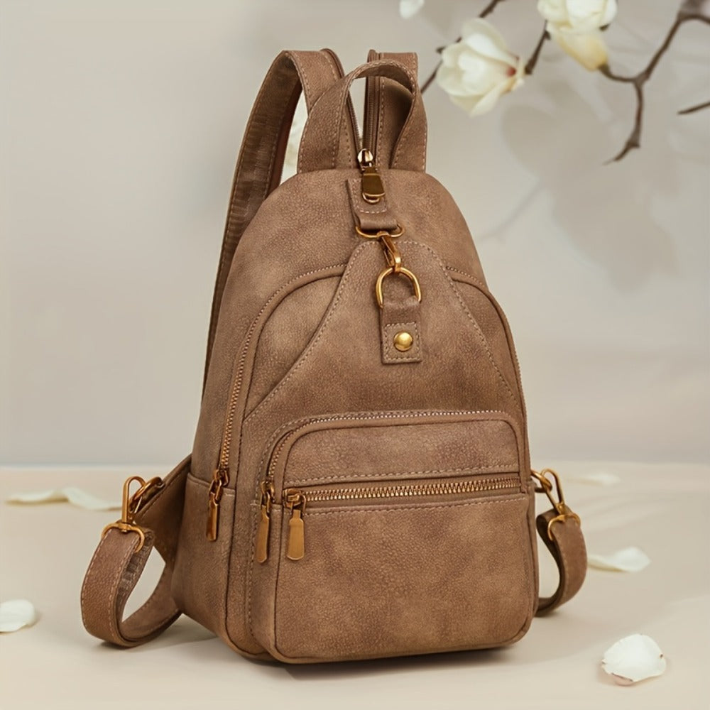 Classic Chic PU Backpack for Ladies - Adjustable Straps, Zip Fastening, Various Pockets, Trendy Shoulder & Crossbody , Chest , Casual Daily Use | Sturdy Zip Closure for Travel And Shopping (Available in Black/Brown/Khaki)