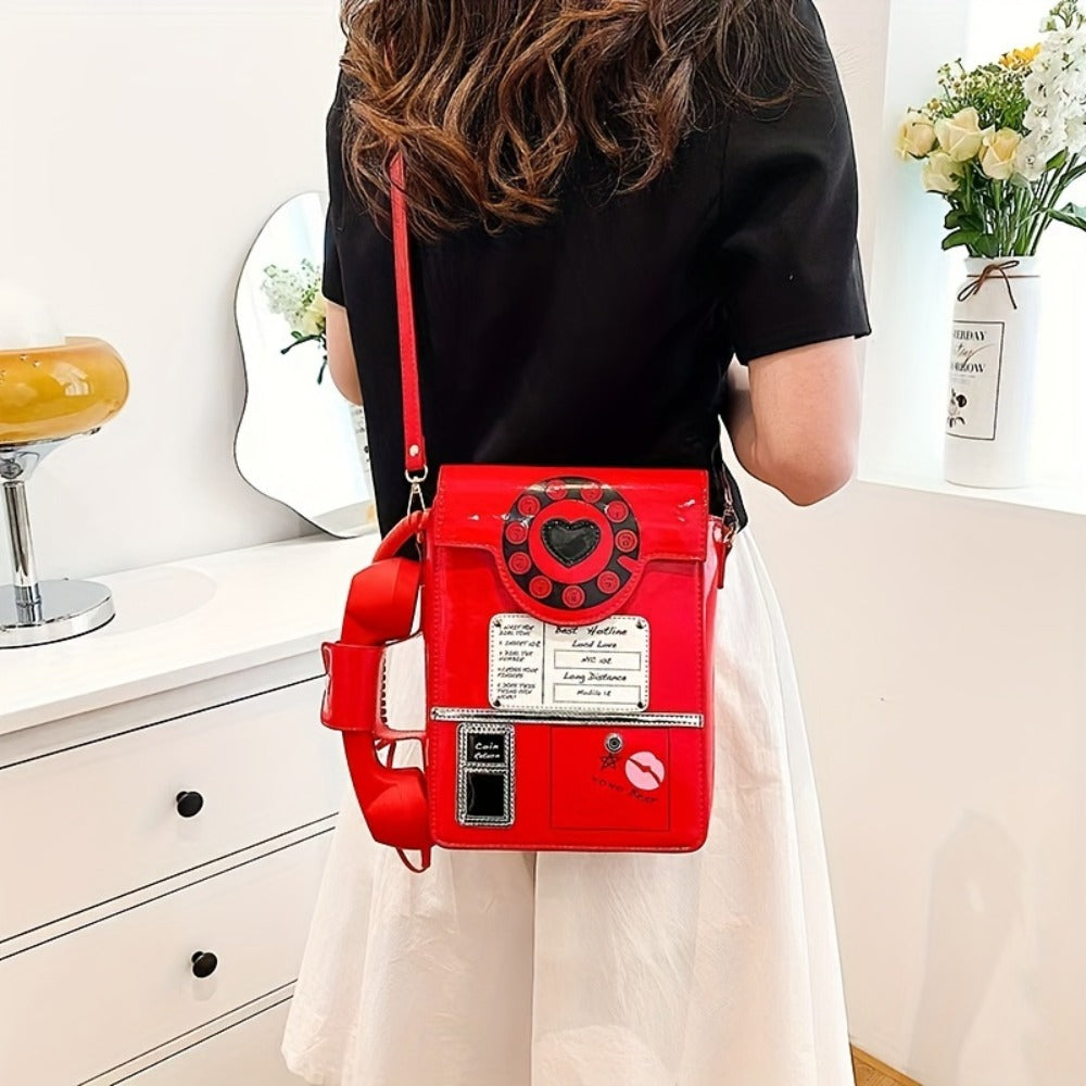 Creative And Stylish PU Glossy Chic Retro Telephone-Shaped Cross Body Bag For Women - Fashionable Simulated Body Bag, Irregular Bag, Shoulder Purse, Comb Bag, Available In Black, Red, Pink. A Perfect Birthday Gift For Your Best Friend Or Family