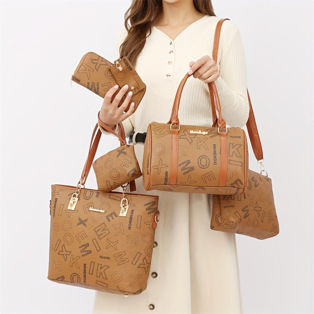 6pcs/Set Women'S Fashion Retro Letter Print Shoulder Bag, Handbag, Wallet, Key Bag, Six-Piece Set, Commuting, Casual, Shopping, Tote Bag, Women'S Bag Set