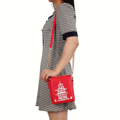 Chinese Takeout Crossbody Bag for Women Novelty Tower pattern Messenger Shoulder Purse Fun Handbag Square Tote bag