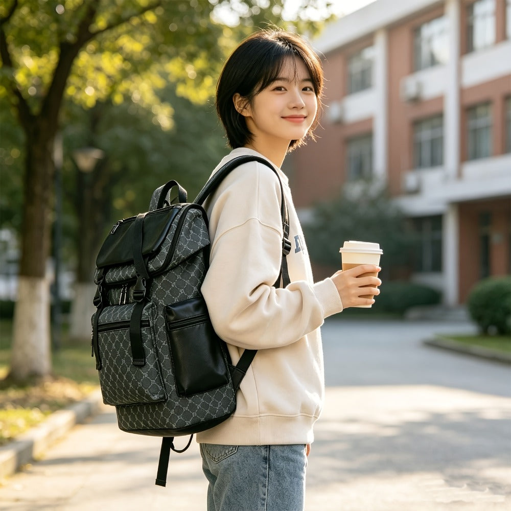 Fashionable Teenager'S And Teenager'S Versatile Large Backpack with Water Cup Capacity - Lightweight PU Material, Multi-Compartment Design, Adjustable Shoulder Straps, Flat Bag And Mesh Bottom, Suitable for Travel, School, And Outdoor Activities