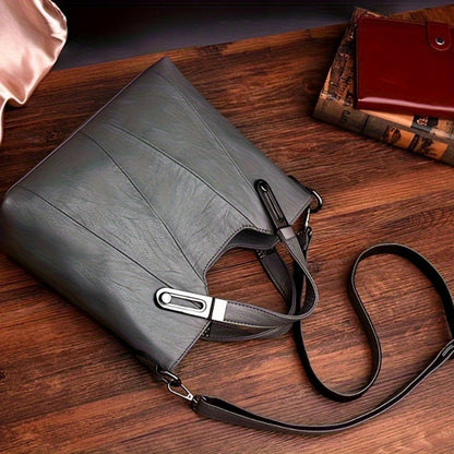 Exquisite Ladies' Genuine Leather Tote Bag - Spacious And Stylish Shoulder Bag with Crossbody Strap, Ideal for Work And Daily Style, Available in Light Grey, Purple, Blue, Burgundy And Black