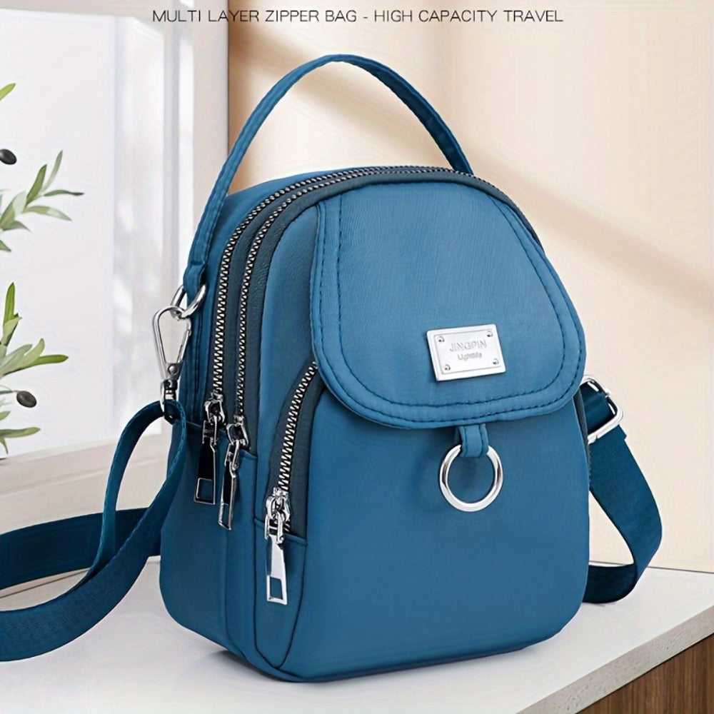4 Colors Lightweight Nylon Women's Messenger Bag - Casual Mini Handbag with Multi-Zipper Compartments, Detachable Adjustable Shoulder Strap & Metal Rings, Available in Lavender, Black, Dark Purple, Grey, Brown, Sapphire Blue, Small Crossbody Bag, Versatil