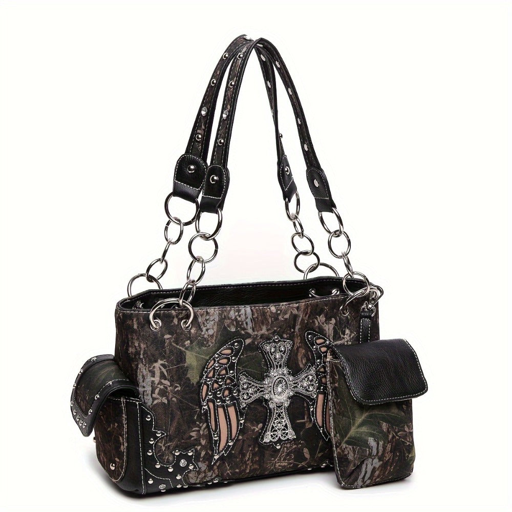 Camouflage Cross Wing Western Studded Handbag Workwear Synthetic Leather Wallet Rustic Women's Shoulder Bag Purse Set