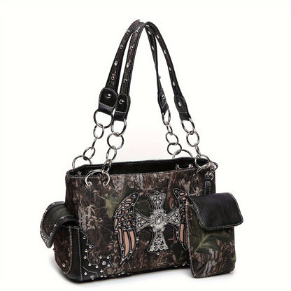 Camouflage Cross Wing Western Studded Handbag Workwear Synthetic Leather Wallet Rustic Women's Shoulder Bag Purse Set