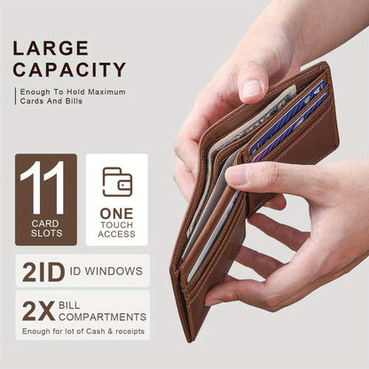1pc Men's Genuine Leather Triple-fold Wallet, 11 Card Slots, 2 ID Windows, Holds More Than Twenty Banknotes, Suitable for Father's Day Gifts
