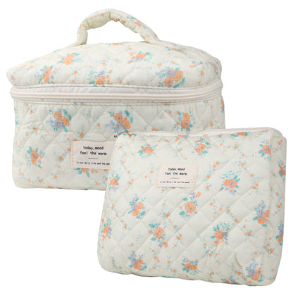 2 Pcs Cute Makeup Bag for Women, Travel Cosmetic Bags, Quilted Coquette Aesthetic Floral Toiletry Organizer Bag