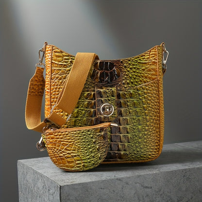 Trendy Crossbody Bag with Crocodile Pattern - Premium Bucket And Coin Purse Style - Multi-Purpose Shoulder Bag Suitable for Any Event