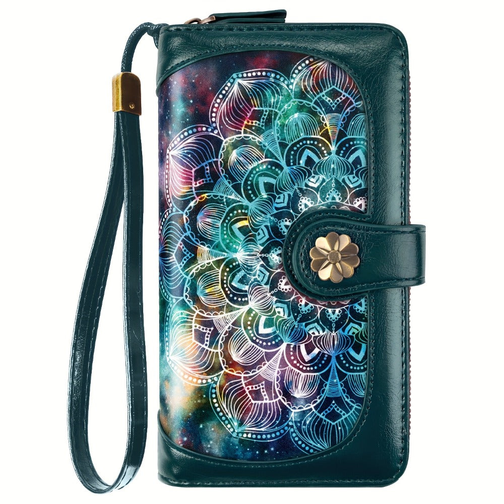 Women'S Vibrant Mandala Print Multi-Compartment Wallet With Zipper Closure, Large Capacity For Cards, Coins, And Phone - Stylish Faux Leather Design With Floral Accent, Travel Wallet |Decorative Zipper Closure|Durable Synthetic, Large Wallet Purse