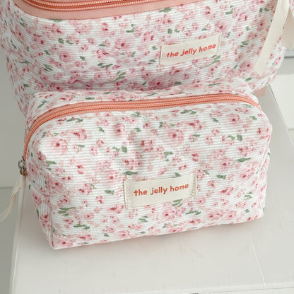 Women'S Corduroy Makeup And Toiletry Organizer Bag - Large Capacity Lightweight Travel Cosmetic Case with Zipper Closure, Durable Fabric for Daily Use And Trips, Pastel Pink And Floral Design