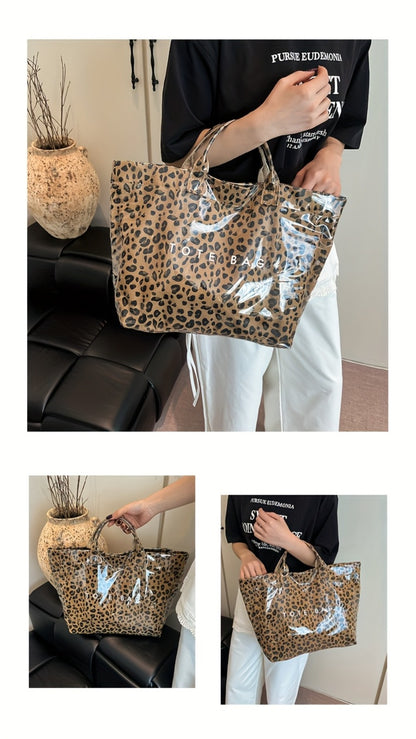 Fashion High-end Texture Large Capacity Leopard Print Tote Bag, PU Open Tote Bag Storage Bag, Niche Design Versatile Tote Bag Beach Vacation Tote Bag