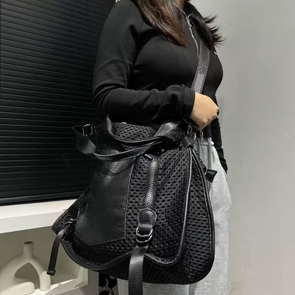 Women's Large Capacity Vintage Tote Bag - Genuine Top-Grain Leather, Secure Zipper Closure & Mesh-like patch, Convertible Crossbody/Handbag with Strap, Structured Bottom for Everyday, Office, Travel - Luxury Purse, Crossbody Purse