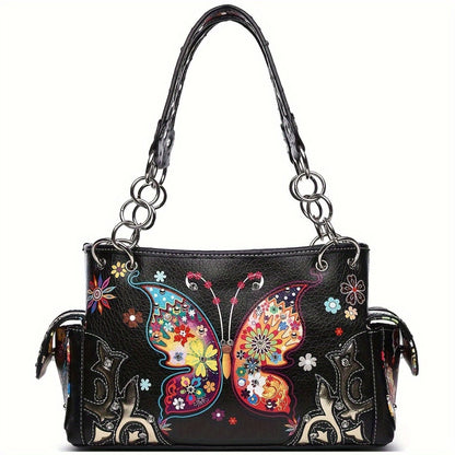 Butterfly Flower Western Hidden Spring Handbag, Country Tote Bag, Women's Shoulder Bag and Wallet Set, Ideal Christmas Gift