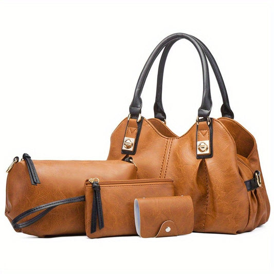 4pcs Vintage Handbag - Large Capacity, Multi-pocket, Women's Casual Tote Shoulder Bag Diagonal Span Bag