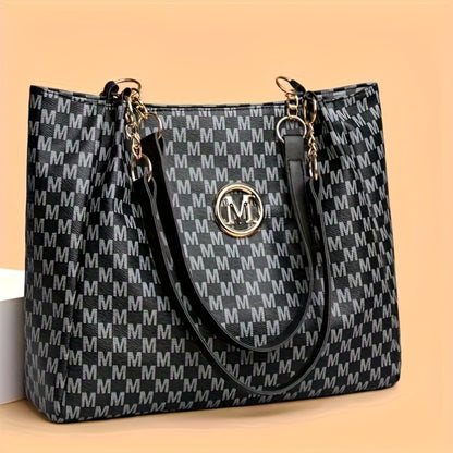 Stylish Handbag for Women Featuring a Golden Chain Shoulder Strap And an 'M' Emblem - Made of Synthetic, Available in Light Brown, White, And Black, with a Houndstooth Design, Zipper Closure, And Lining