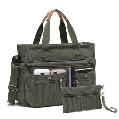 Corduroy Tote Bag Set (2PCS) for Women, Laptop Work Bags Crossbody Shoulder Hobo Messenger Handbag Purse Travel Gym Totes