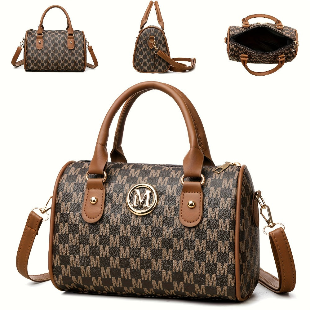 1pc New Single Shoulder Bag with M Logo Patch, with Removable Shoulder Strap, Boston Crossbody Bag, Unisex, Can Be Used As a Handbag, Phone Bag, Suitable for Gifts, Daily Travel, Shopping, Commuting