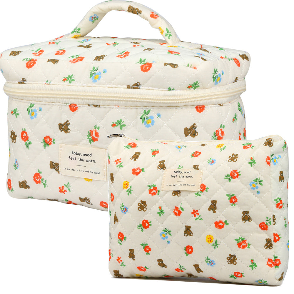 2 Pcs Cute Makeup Bag for Women, Travel Cosmetic Bags, Quilted Coquette Aesthetic Floral Toiletry Organizer Bag