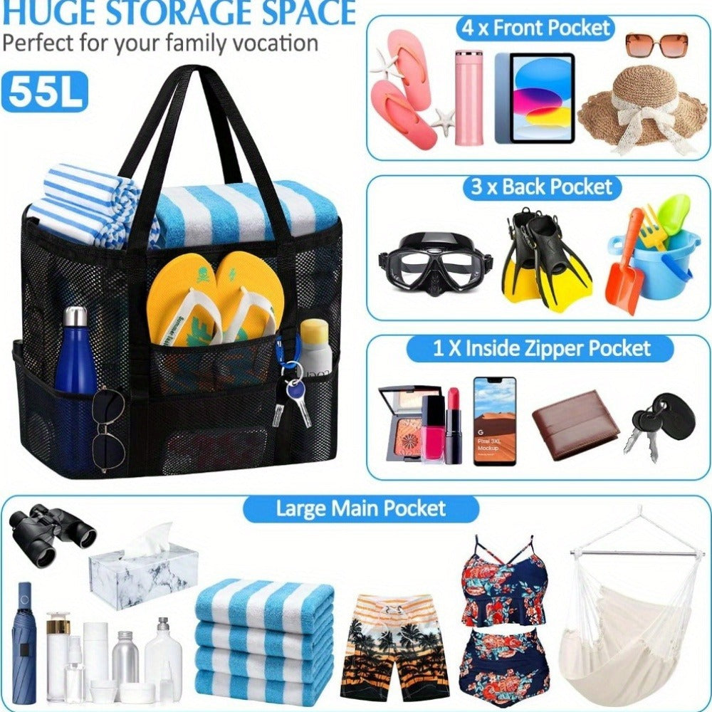 One Extra-Large Mesh Beach Tote Bag That Is Foldable And Easy to Carry, Perfect for Pool Outings, Boat Trips,, And Vacation Necessities. This Lightweight Swim Bag Features a Zipper And Additional Pockets for Organizing Your Essentials