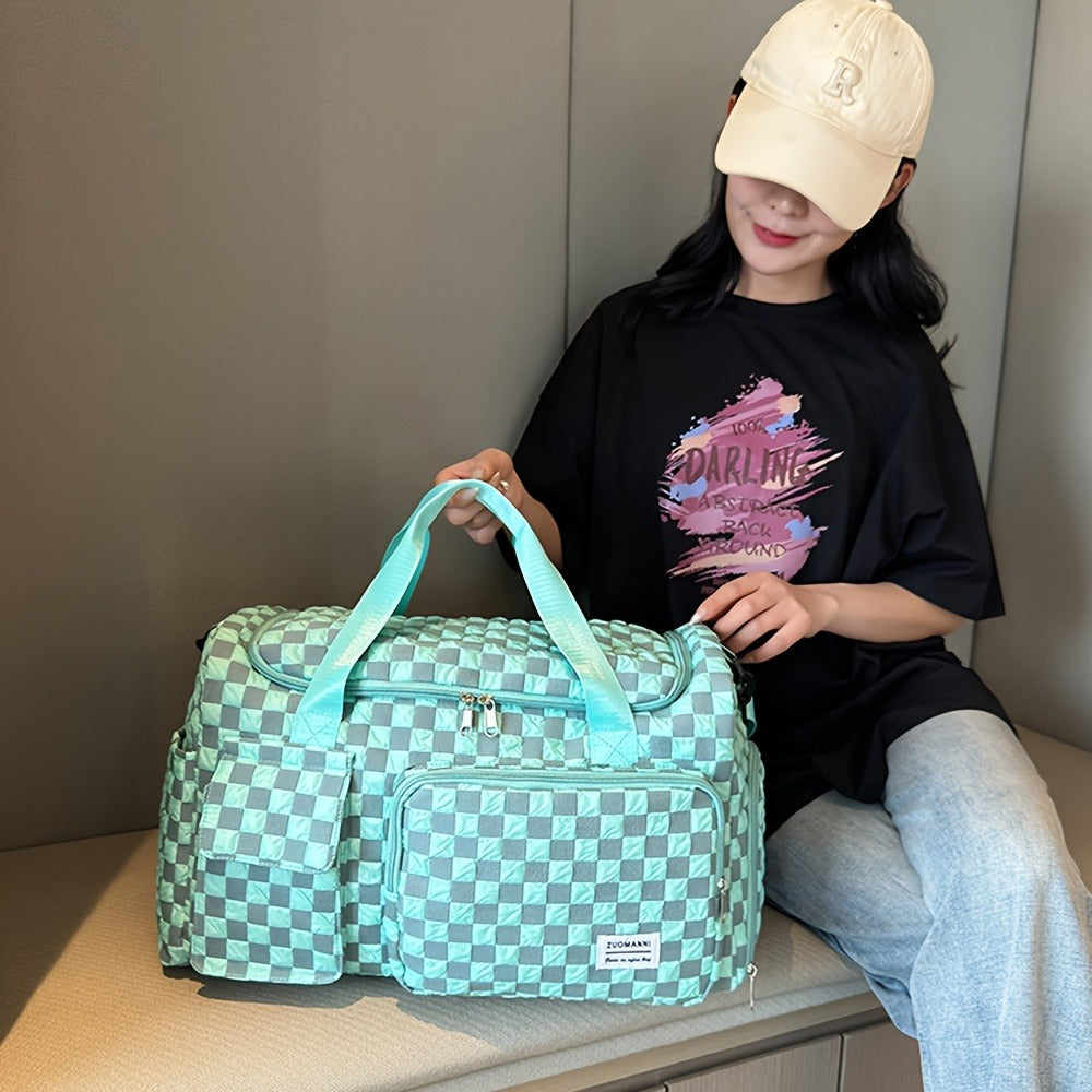 2pcs Checkered Travel Duffel Bag with Makeup Bag for Women Fordable Gym Bag Carry On Weekender Bag with Shoe Compartment