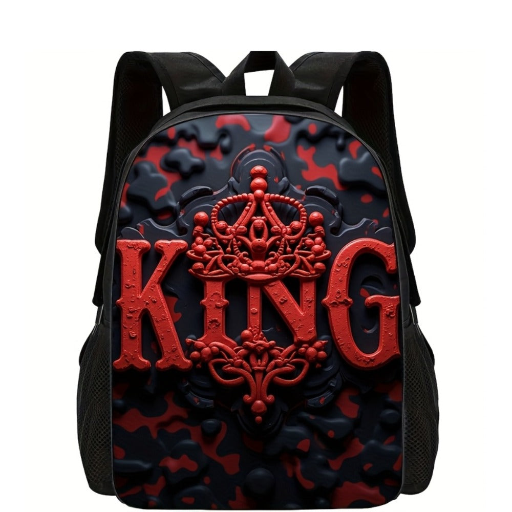 1 Summer Printed Men's Backpack - "KING" Design, Bright Red and Black Blocks, Cool and Practical, Suitable for Students and Young Professionals, Casual Day Backpack | Backpack, Valentine's Day Gift