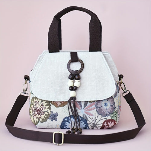 Bohemian Floral Crossbody, Multi-Compartment Handbag with Beaded Accents, Zipper Closure And, Casual Vacation Everyday Purse, Travel Accessory, Ethnic Pattern, Stylish Accents, Women'S Accessory, Stylish Shoppers