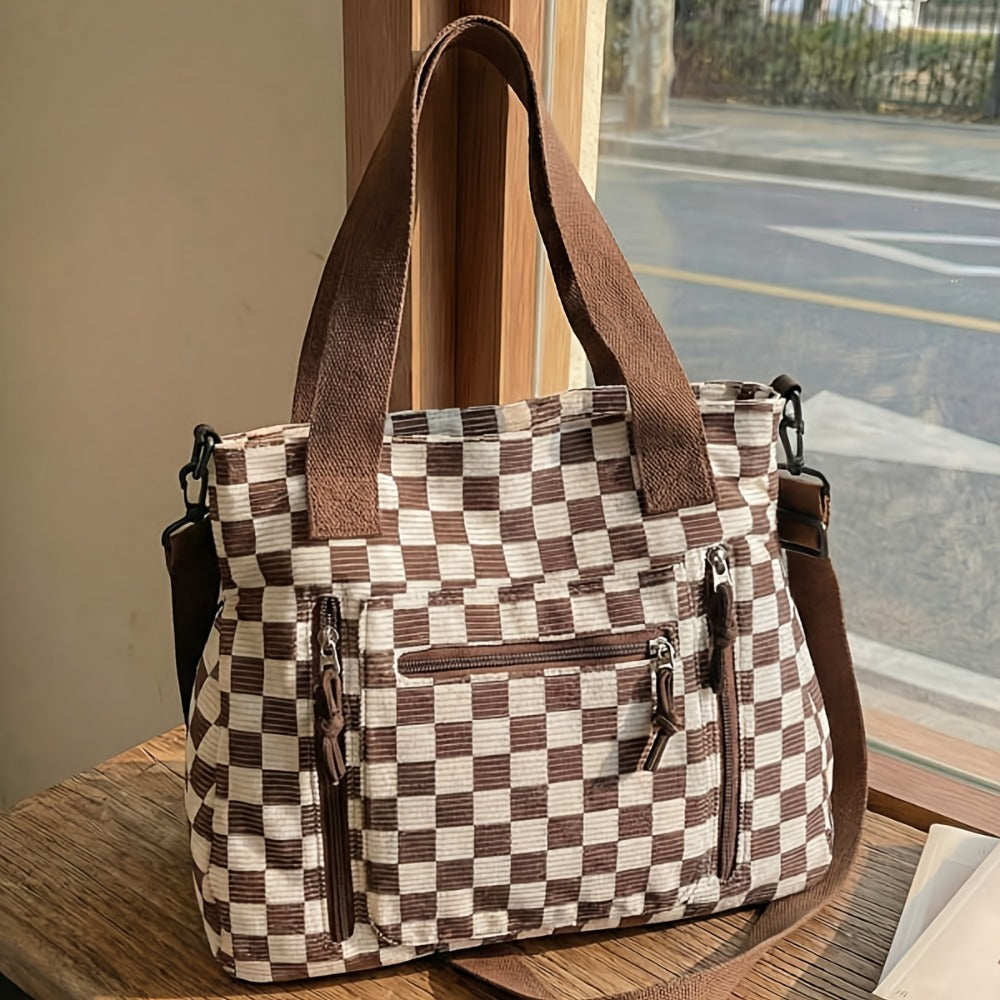 Multi-compartment Textured Checkered Bag | Ideal for Daily Commute, School & Outdoor Trips | Stylish Versatile Multi-purpose Shoulder & Crossbody BagCheckered Tote Bag | Large Capacity Commuter Bag