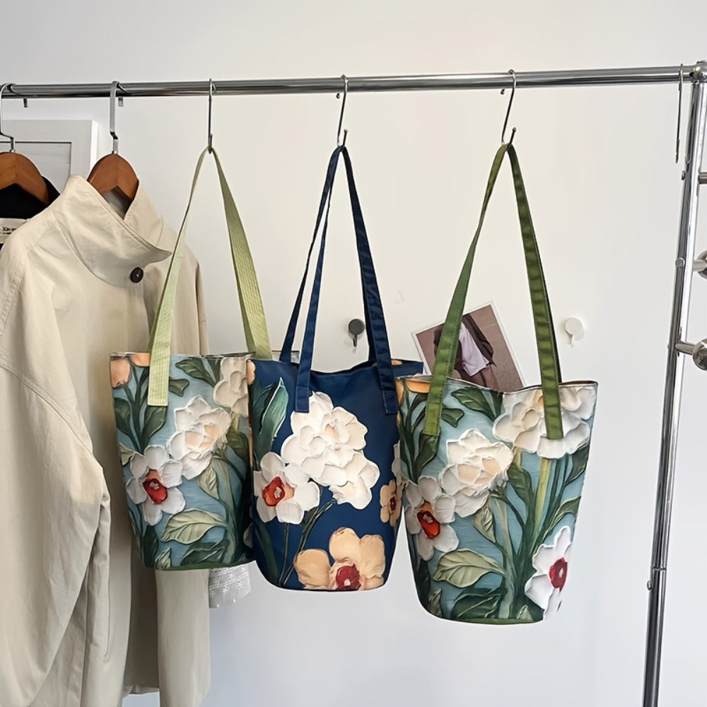 Fashion Oil Painting Flower Summer Handbag - Women'S Trendy Lightweight Shoulder Bag, Summer Large Capacity Tote Bag, Shoulder Back And Bucket Design, Magnetic Buckle Closure, Suitable For Daily Commuting And Leisure Bucket Bag.