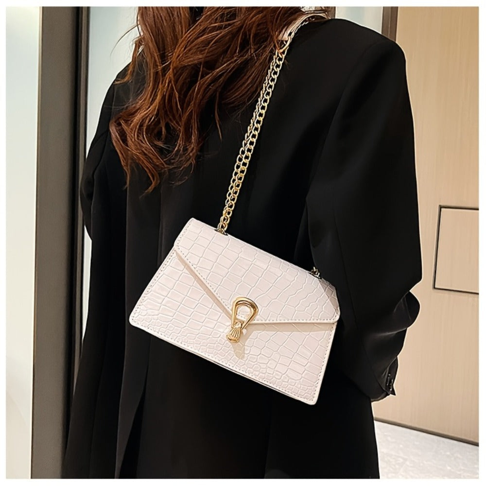Pink Snake Print Crossbody BagFor Women, Stylish Women's Crocodile Pattern Handbag - Black Shoulder Bag With Detachable Strap Golden-Tone Hardware & Chain Strap, Crossbody Bag Purse Christmas Bags For Gifts Christmas Gift Bags