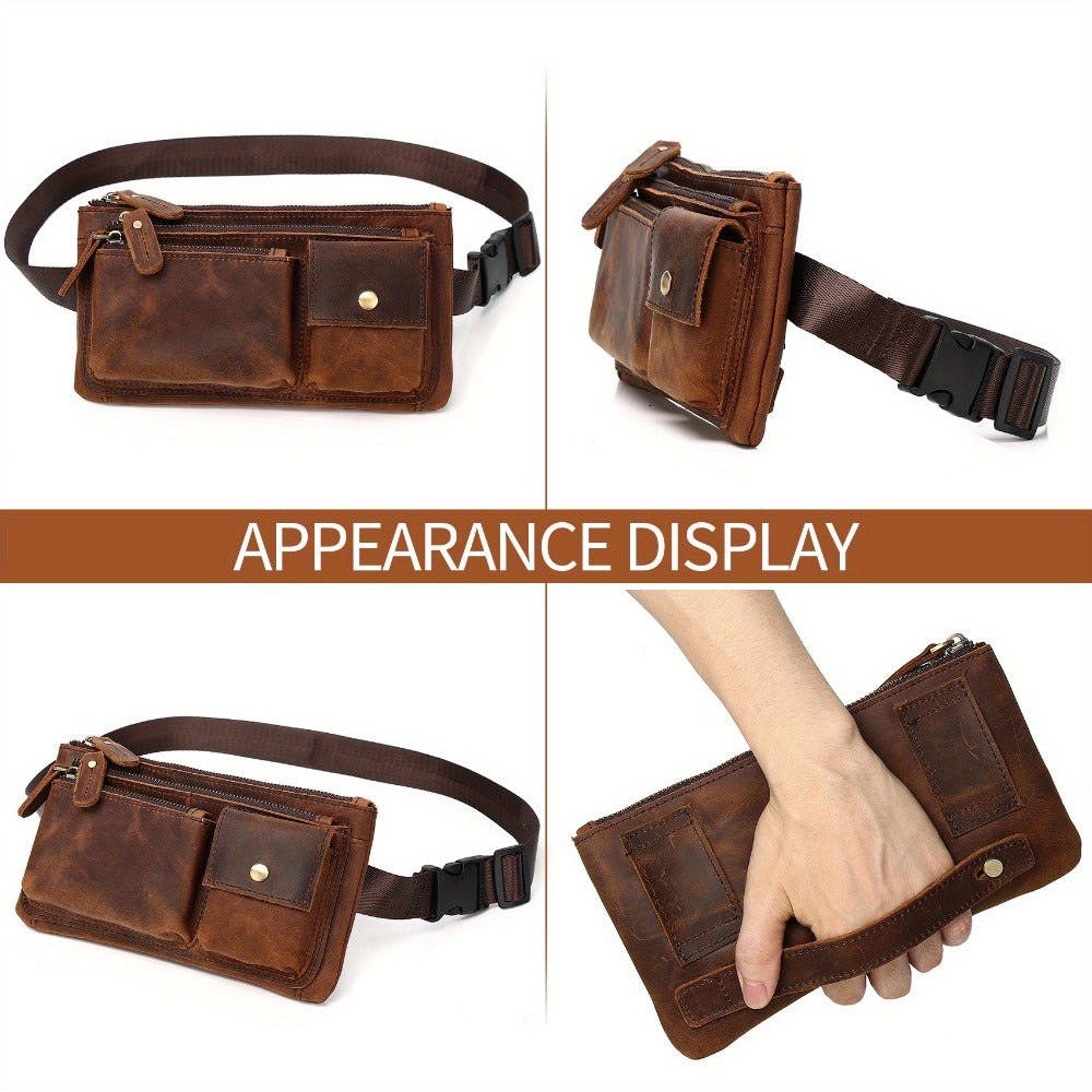 Stylish Retro Authentic Leather Hip Bag, Slim Phone Pouch, Vintage Crossbody Purse