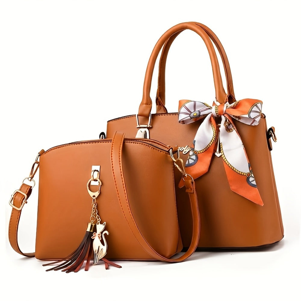 2pcs Ladies' Fashionable And Versatile Bag, Large Capacity Casual Handbag, Simple Single Shoulder Crossbody Bag, Cat Pendant Tassel Bag, Exquisite Y Scarfs, Suitable for Gifting Girlfriends, Wives, Parents for Best Birthday Gifts