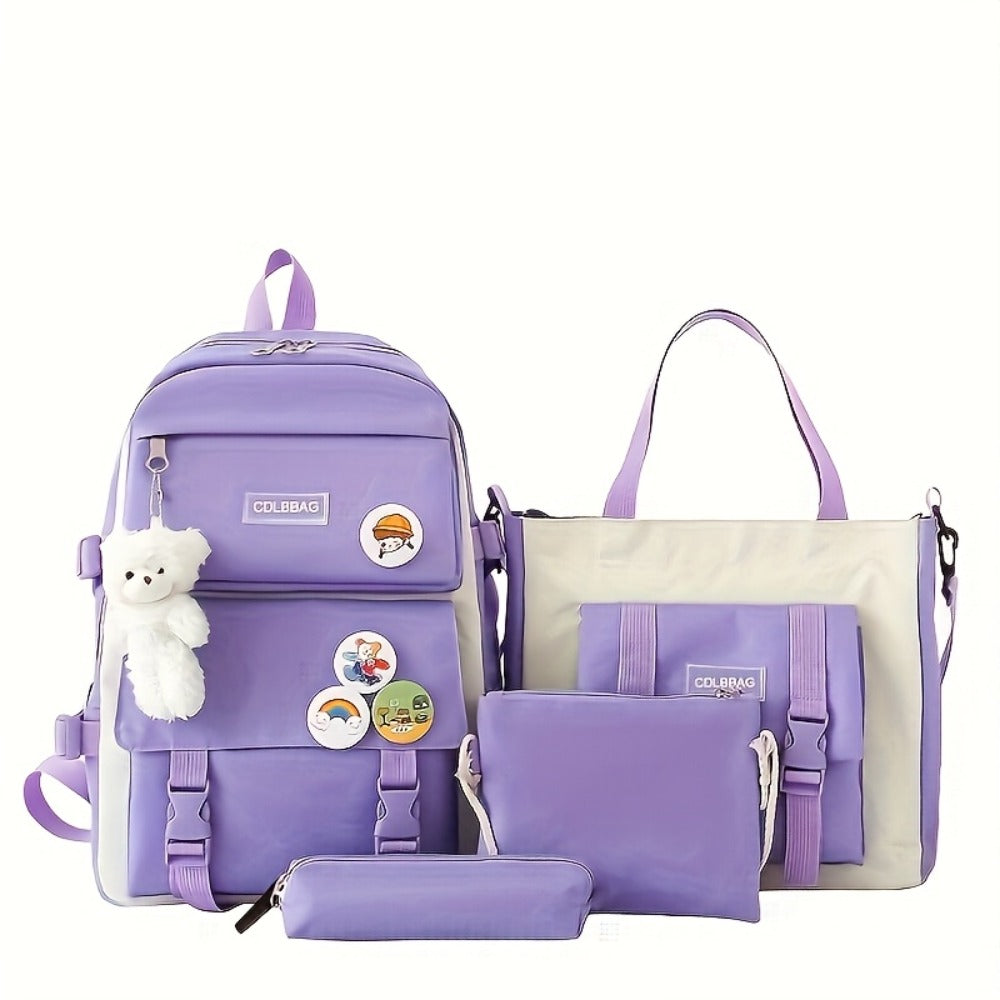 4pcs Easy Casual Backpack Large Capacity Schoolbag Travel Bag Canvas Shoulder Bag, for Teenager, For Teenager
