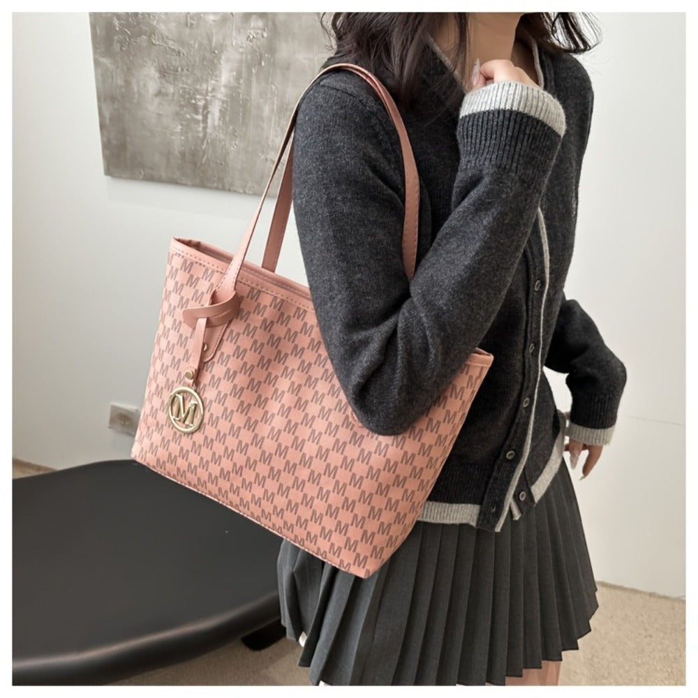 Sanrio Women'S Large Capacity Tote Bag, with Small Pink Bag And Decorative Bow, Zipper Closure Design, 3pcs/4pcs, Fashion Letter Print Shoulder Bag, Handbag for Daily Casual Travel Commute