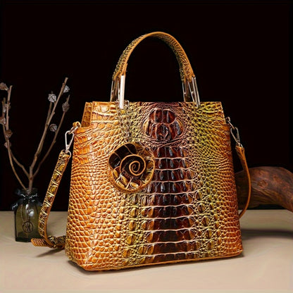 Set of 2 Handbags with Crocodile Pattern - Stylish Retro Design, Versatile Top Handle Crossbody, Professional Clutch & Coin Holder - Roomy, Safe, Perfect for Daily Elegance, Floral Charms, Holiday, Mother'S Day Presents