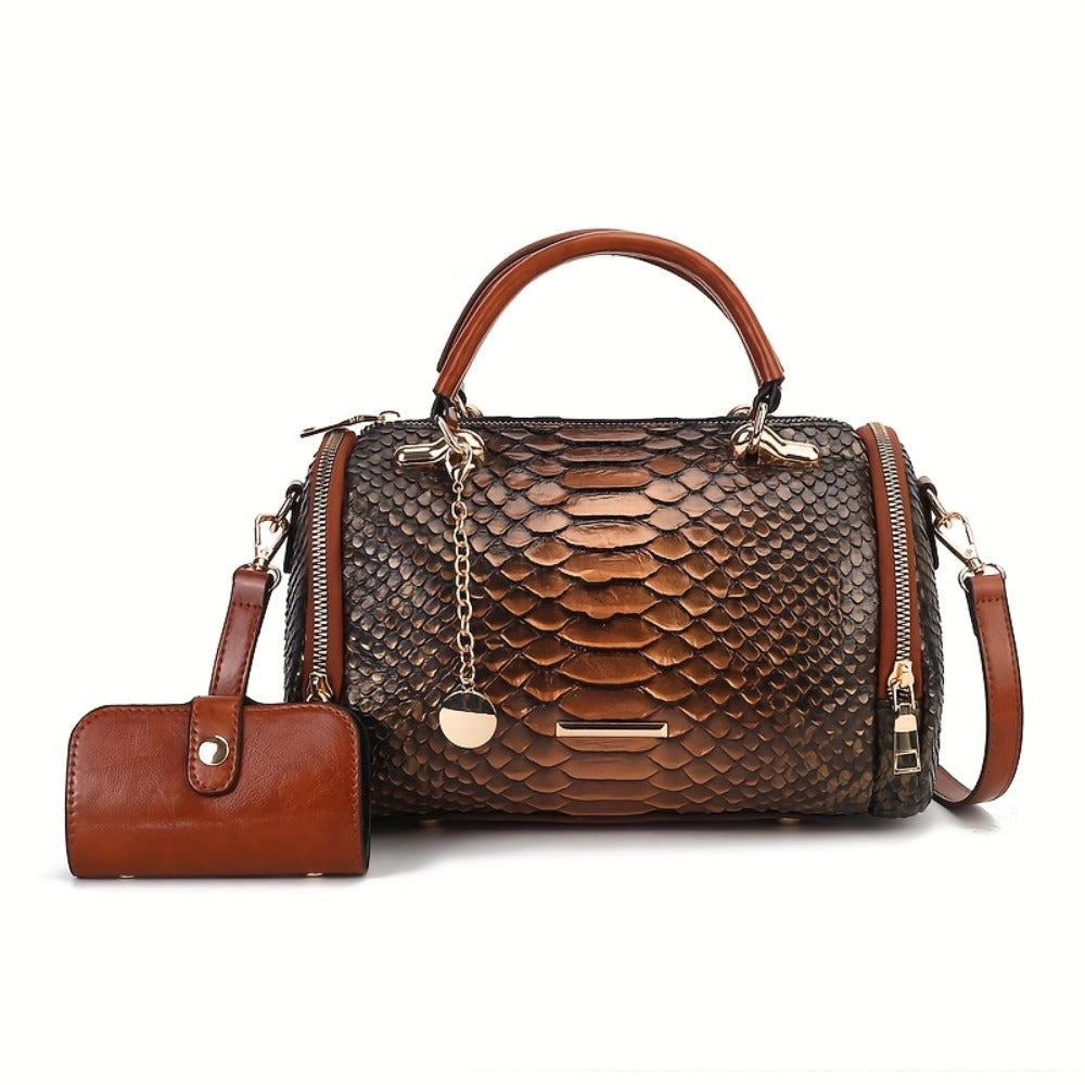 2pcs Retro Snake-Print Boston Bag - Large Capacity Crossbody/Handbag with Detachable Strap, Deep ///, Elegant Animal Pattern Handbags for & Travel, Durable & Easy Maintenance Suitable for Fashion