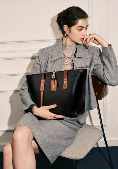Women's Minimalist Large Capacity Tote Bag - Black with Brown Accents, Durable & Zipper Closure, Sturdy Fixed Shoulder Straps for Office, Commute, Work & Casual Use