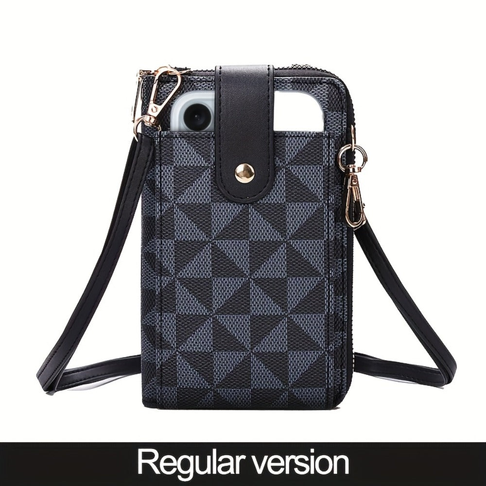 Compact Crossbody Phone Wallet for Women - Features an Adjustable Strap, Ideal for Outdoor Activities, with Various Credit Card Slots And a Zipper Closure. This Blue And Brown Geometric Patterned Mini Shoulder Bag Is Durable And Perfect for Daily Es