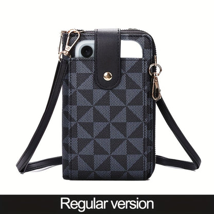 Compact Crossbody Phone Wallet for Women - Features an Adjustable Strap, Ideal for Outdoor Activities, with Various Credit Card Slots And a Zipper Closure. This Blue And Brown Geometric Patterned Mini Shoulder Bag Is Durable And Perfect for Daily Es