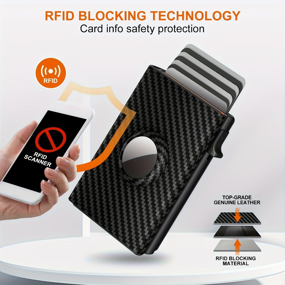 Premium Genuine Leather & Carbon Fiber Men's Wallet with RFID Blocking, AirTag Slot, Pop-Up Card Case-Ultra-Slim Design Holds 14 Cards+ID Window & Cash Pocket (AirTag Not Included)