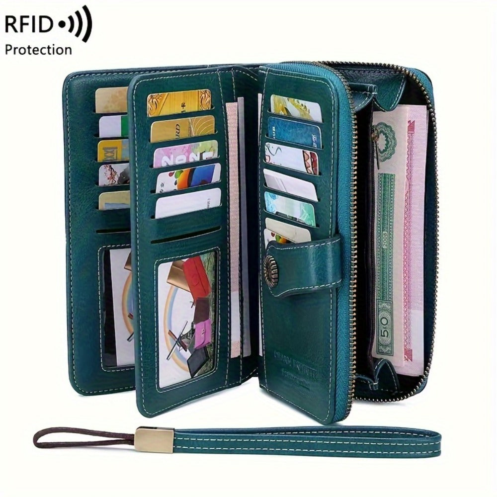 1pc Women's RFID Blocking Large Capacity Long Wallet with Wrist Strap - Multi-Compartment Zipper Purse, Phone Holder for Passport/Credit Cards, for smartphonelook (Smartphone Compatibility Varies by Model)